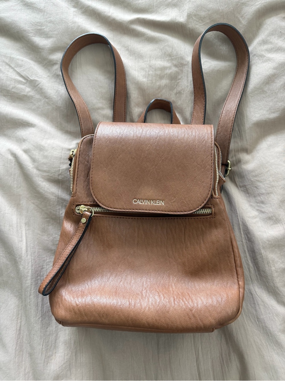 Calvin Klein Carmel Leather Zip-Front Backpack